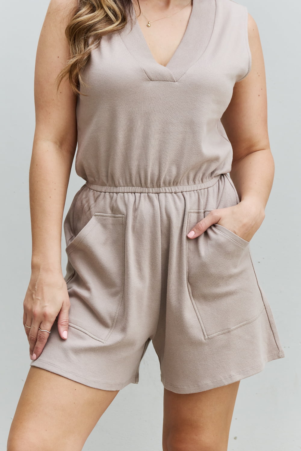 - Zenana Forever Yours Full Size V-Neck Sleeveless Romper in Sand - Ships from The USA - womens romper at TFC&H Co.