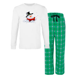 White and Green Flannel - Snow Man's Delight Men's Long Sleeve Top and Flannel Christmas Pajama Set - mens pajamas at TFC&H Co.