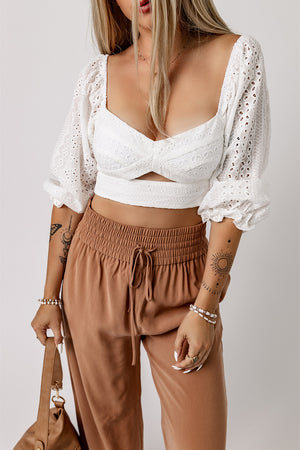 WHITE S - Eyelet Sweetheart Neck Cutout Crop Top - womens crop top at TFC&H Co.