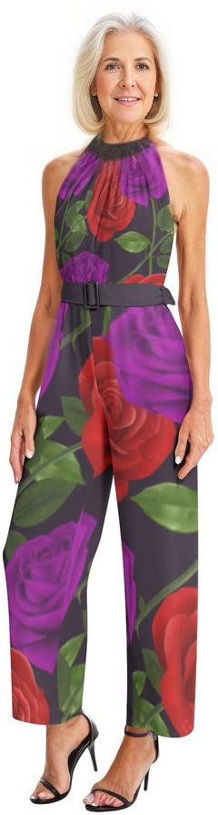 - Red Rose Purp Halter Neck Buckle Belted Jumpsuit - womens jumpsuit at TFC&H Co.