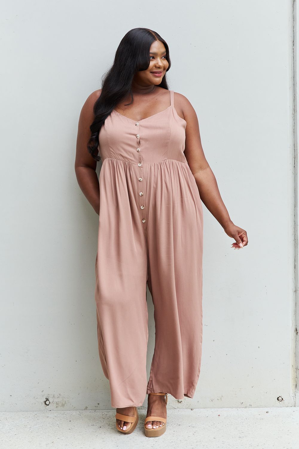 MOCHA - HEYSON All Day Full Size Wide Leg Button Down Jumpsuit in Mocha - Ships from The USA - womens jumpsuit at TFC&H Co.