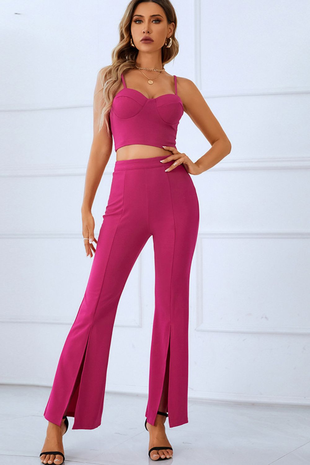 DEEP ROSE - Sweetheart Neck Sports Cami and Slit Ankle Flare Pants Set - womens crop top & pants at TFC&H Co.