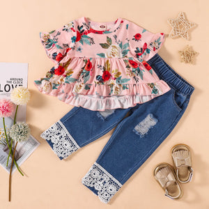 BLUSH PINK - Girls Floral Round Neck Top and Lace Trim Distressed Jeans Set - 3 colors - toddlers pants set at TFC&H Co.