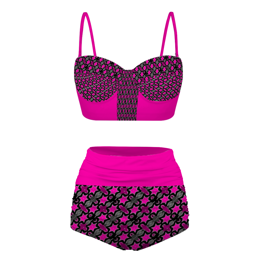 2XL - Pink Star Women's High Waist Bikini Suspender Two Piece Swimsuit - womens bikini set at TFC&H Co.