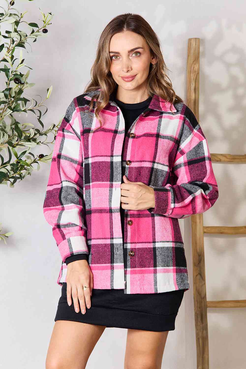 Blush Pink - Double Take Plaid Button Up Collared Neck Jacket - womens shacket at TFC&H Co.
