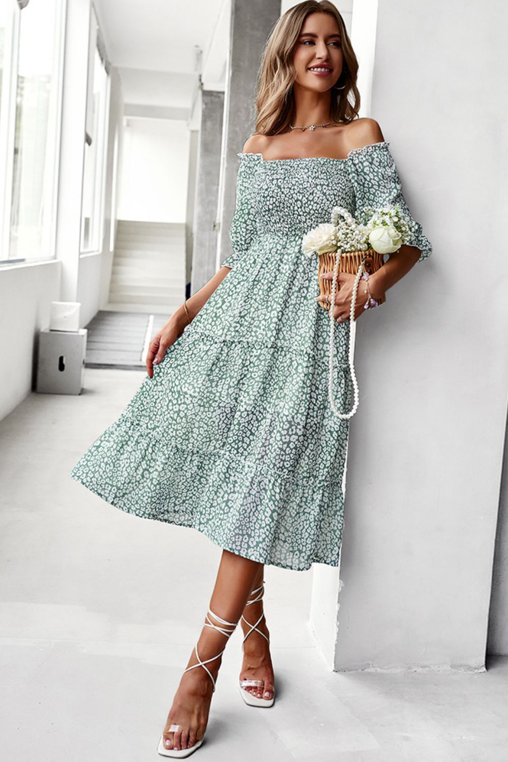 FOREST Ditsy Floral Off-Shoulder Smocked Midi Dress - 3 colors - women's dress at TFC&H Co.