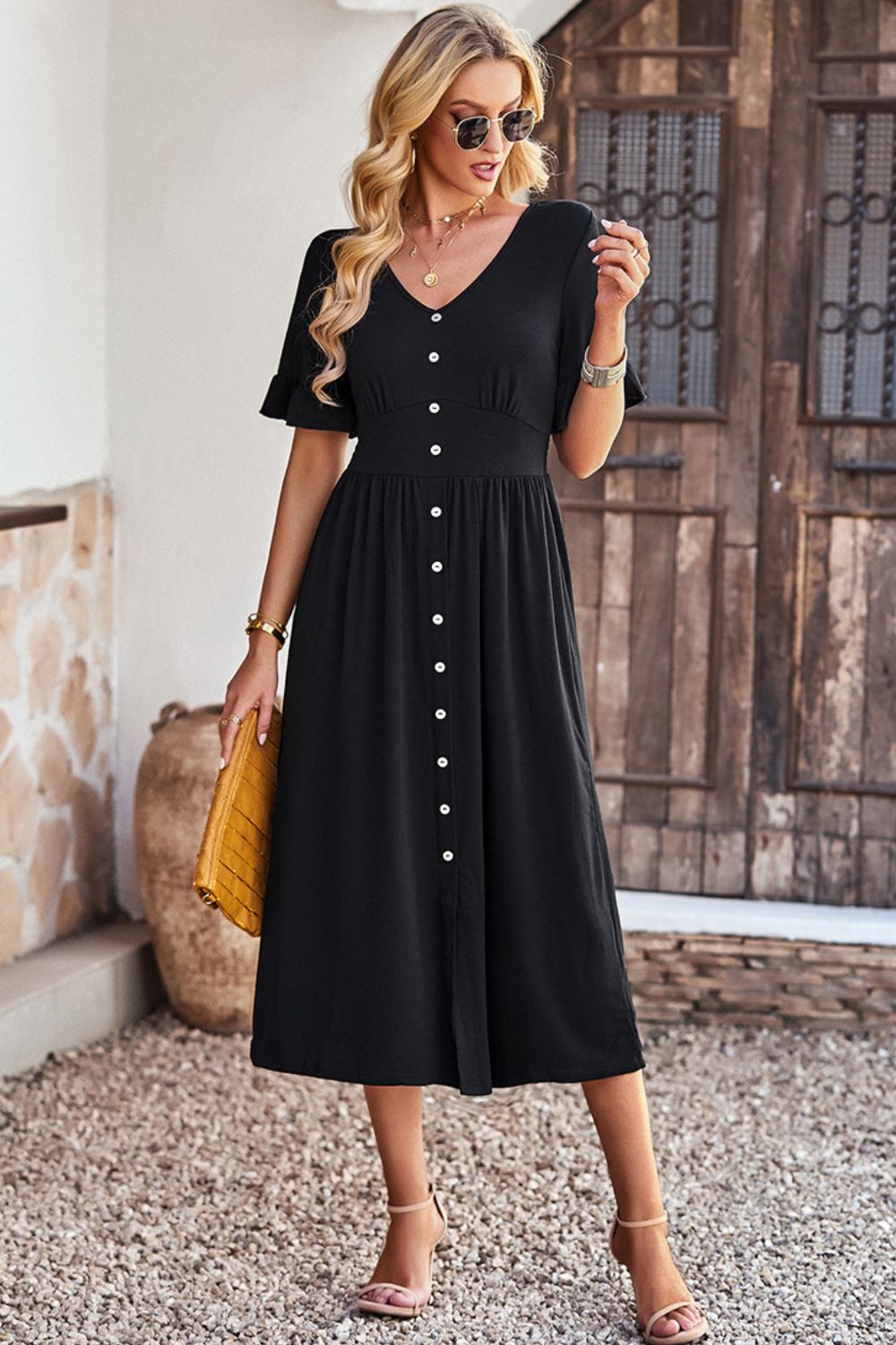 Gathered Detail Buttoned V-Neck Midi Dress - 4 colors - Women's Midi Dresses at TFC&H Co.