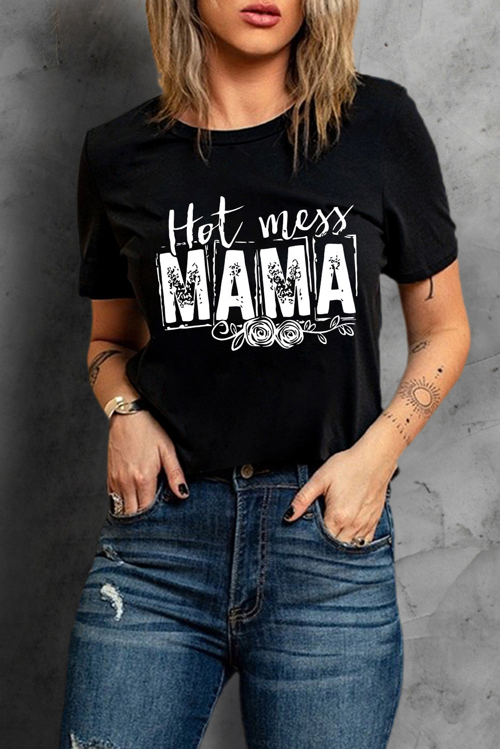 BLACK - HOT MESS MAMA Graphic Round Neck Tee - womens t-shirt at TFC&H Co.