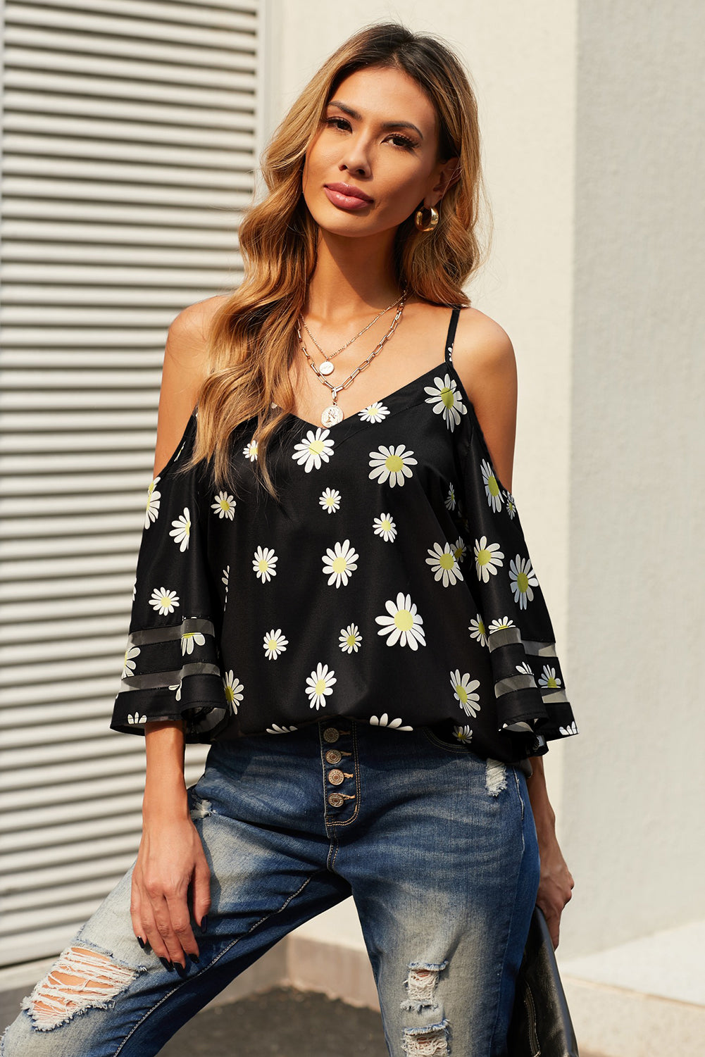 BLACK - Printed Cold-Shoulder Three-Quarter Flare Sleeve Blouse - 3 styles - womens blouse at TFC&H Co.
