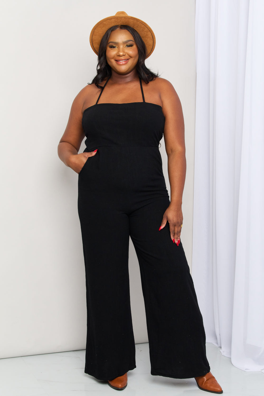 - White Birch Full Size Halter Neck Wide Leg Jumpsuit with Pockets - Ships from The USA - womens jumpsuit at TFC&H Co.
