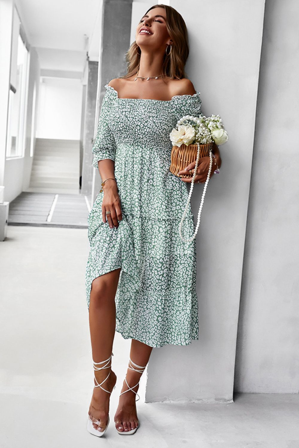 Ditsy Floral Off-Shoulder Smocked Midi Dress - 3 colors - women's dress at TFC&H Co.