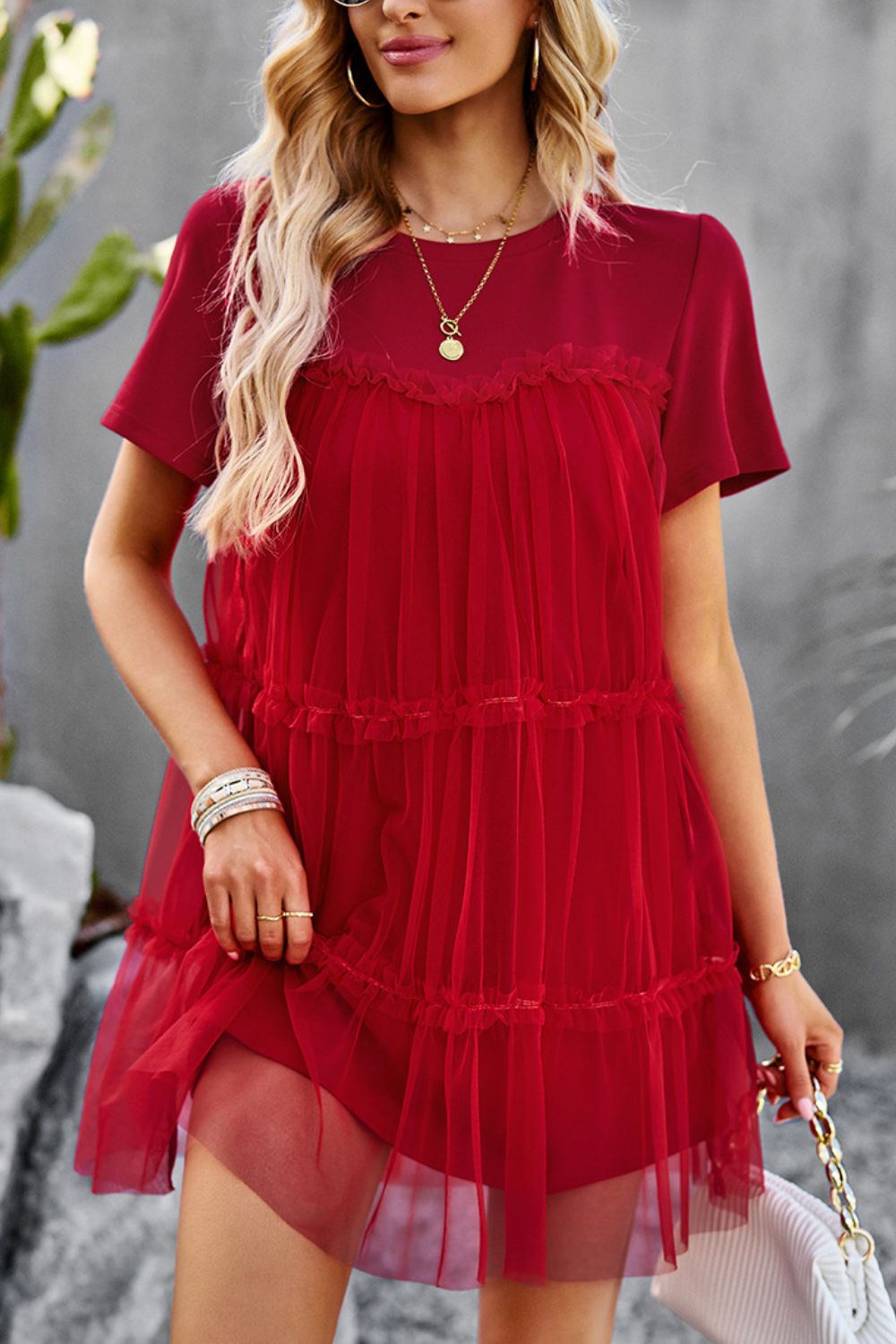 DEEP RED - Frill Trim Spliced Mesh Mini Dress - 4 colors - womens dress at TFC&H Co.