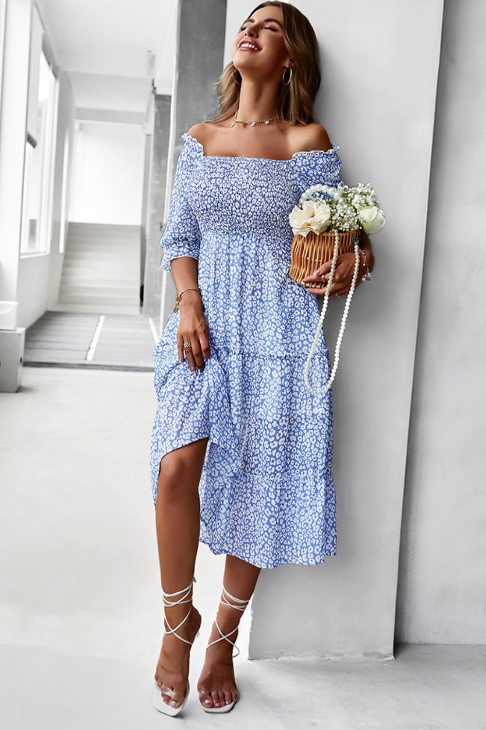 Ditsy Floral Off-Shoulder Smocked Midi Dress - 3 colors - women's dress at TFC&H Co.