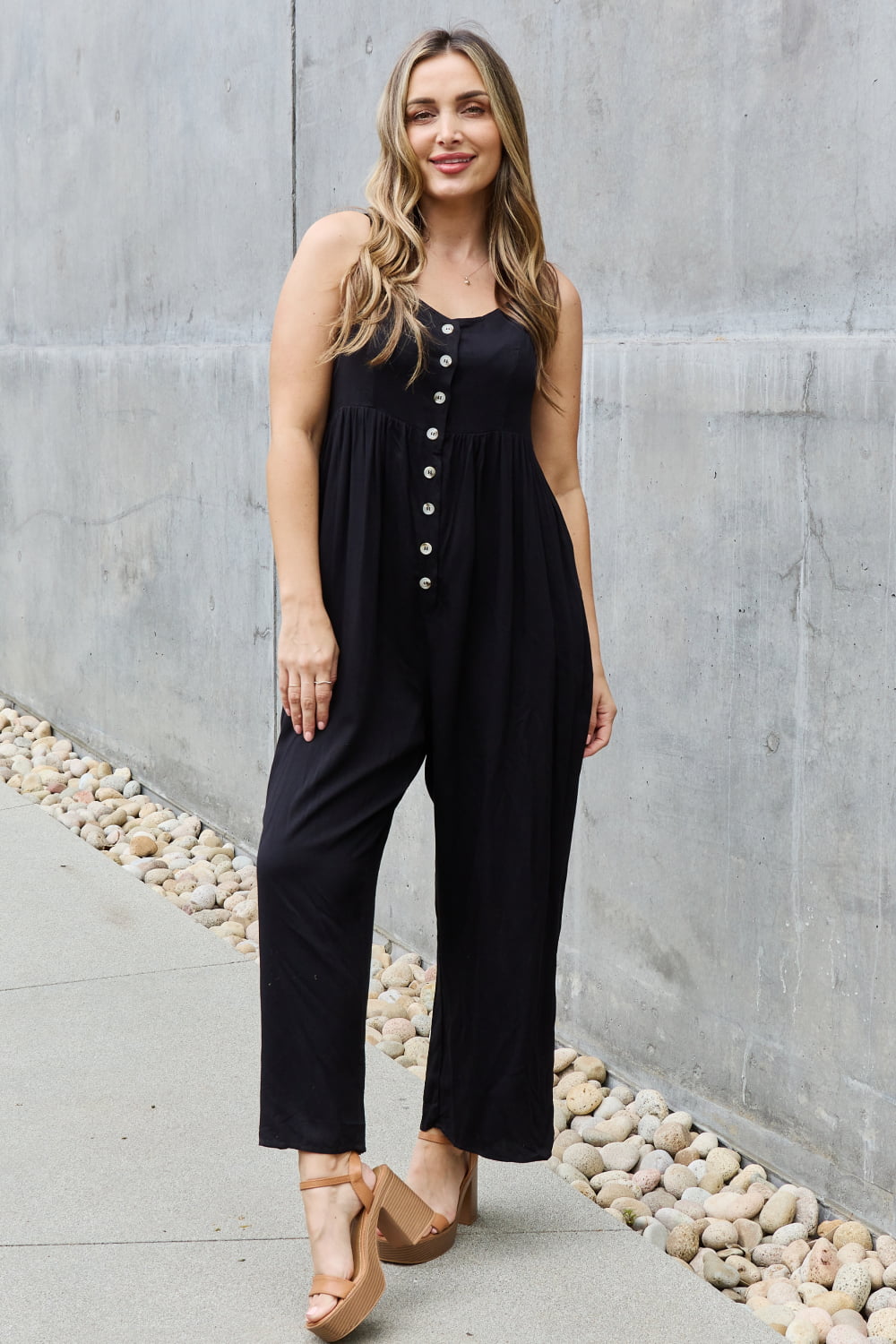 BLACK - HEYSON All Day Full Size Wide Leg Button Down Jumpsuit in Black - Ships from The USA - womens jumpsuit at TFC&H Co.