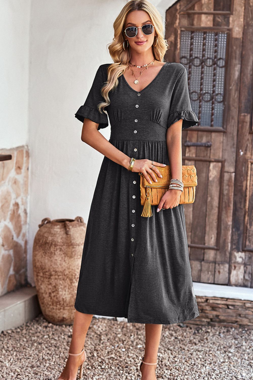 Gathered Detail Buttoned V-Neck Midi Dress - 4 colors - Women's Midi Dresses at TFC&H Co.