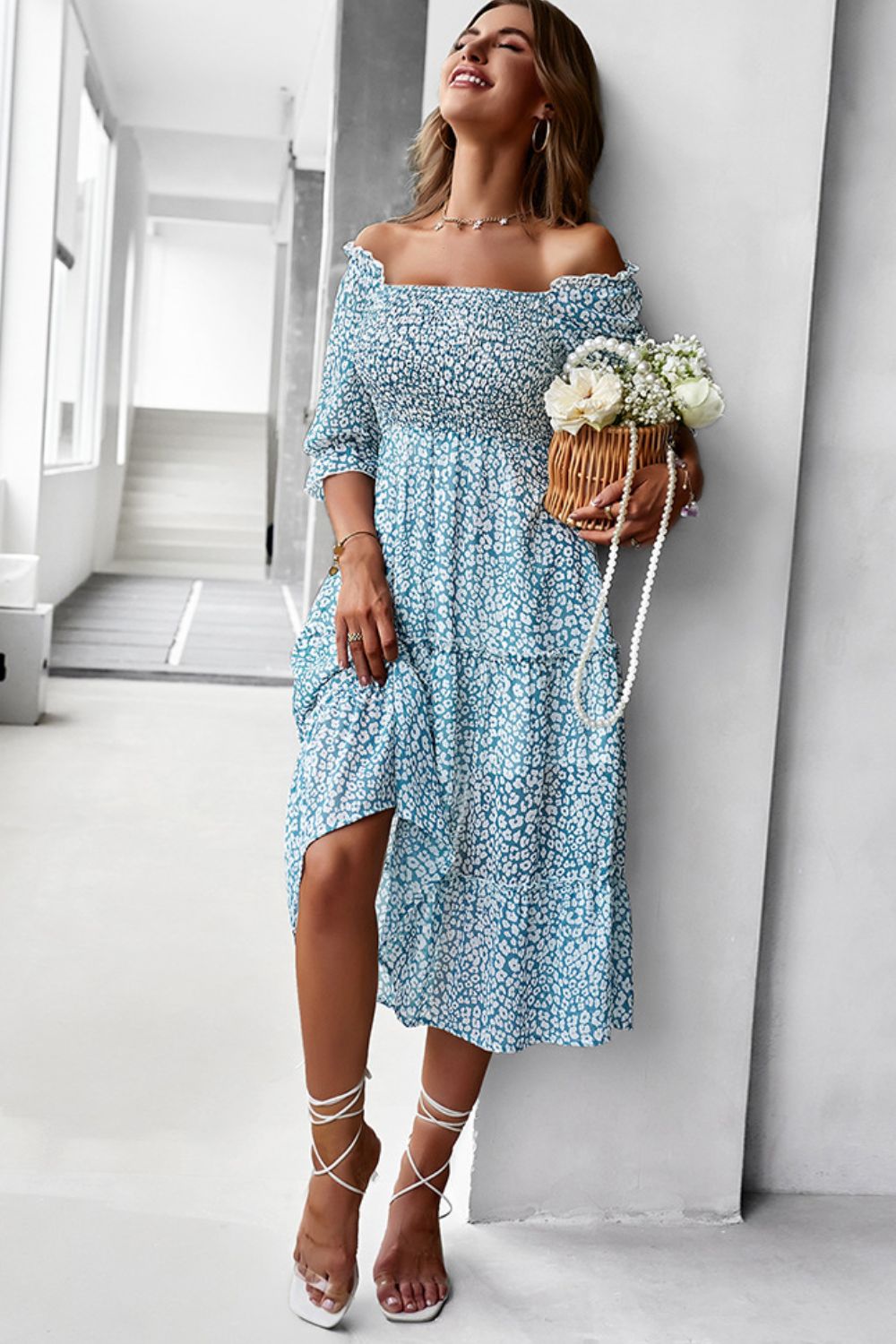 Ditsy Floral Off-Shoulder Smocked Midi Dress - 3 colors - women's dress at TFC&H Co.