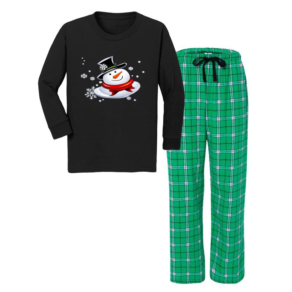 Black and Green Flannel - Snow Man's Delight Youth Long Sleeve Top and Flannel Christmas Pajama Set - kids pajama set at TFC&H Co.