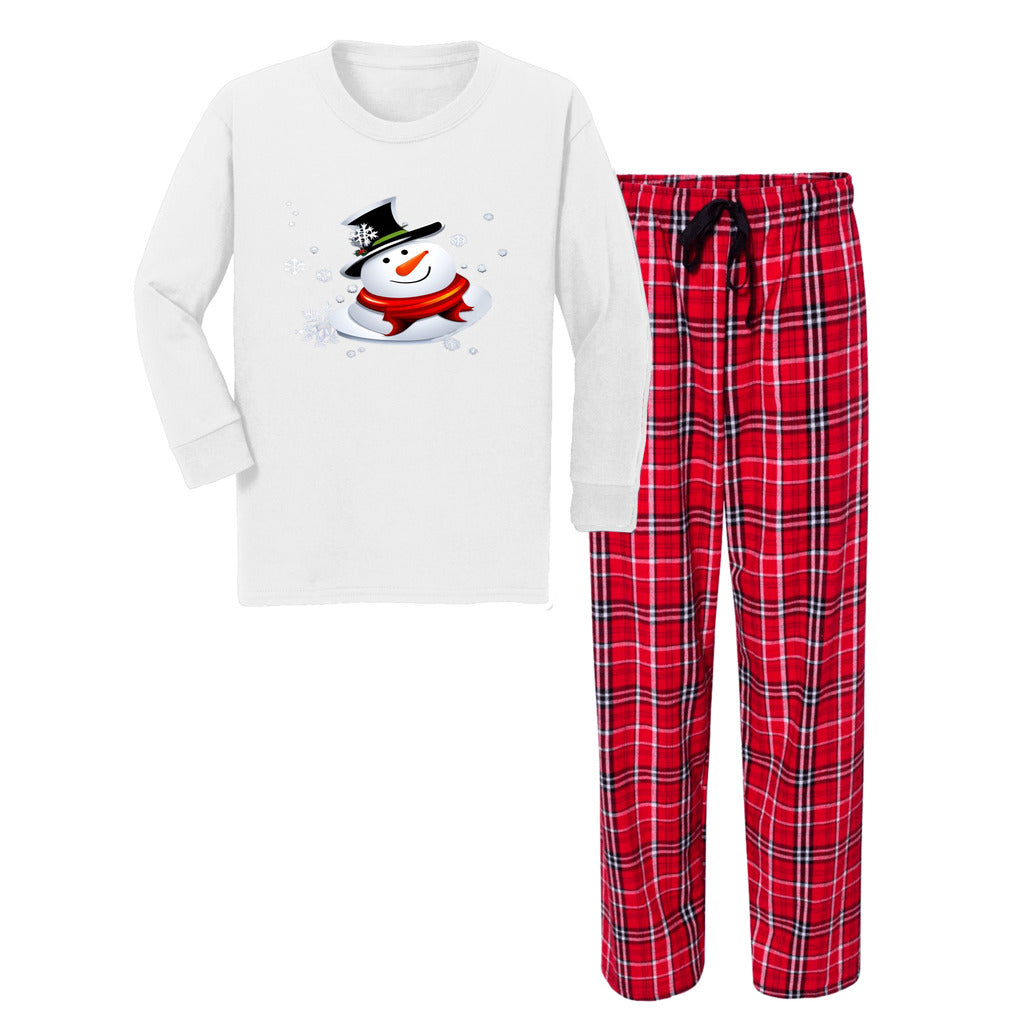 White and Red Flannel - Snow Man's Delight Youth Long Sleeve Top and Flannel Christmas Pajama Set - kids pajama set at TFC&H Co.