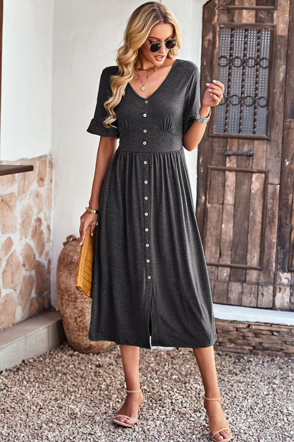 Gathered Detail Buttoned V-Neck Midi Dress - 4 colors - Women's Midi Dresses at TFC&H Co.