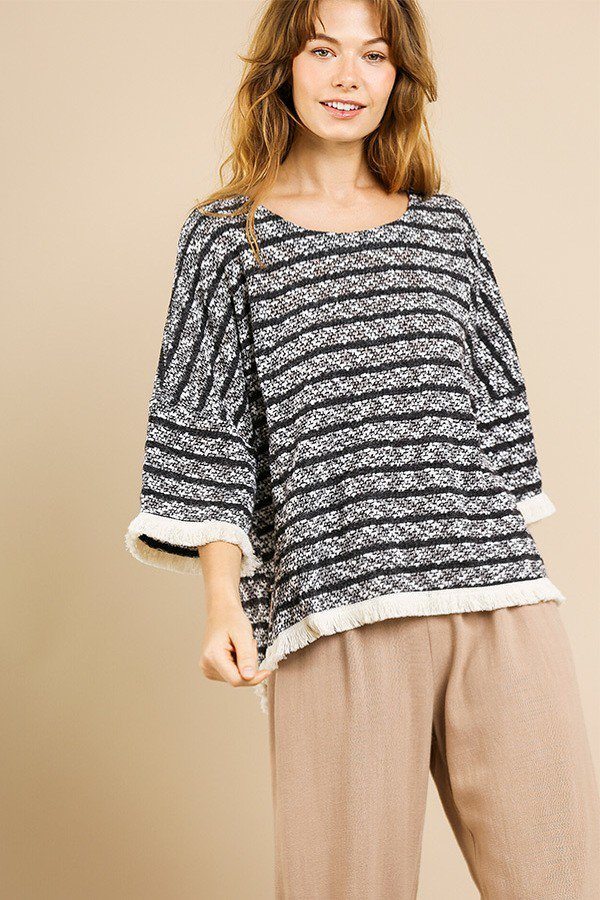 - Heathered Striped Knit Bell Sleeve Round Neck Top in Charcoal - womens shirt at TFC&H Co.