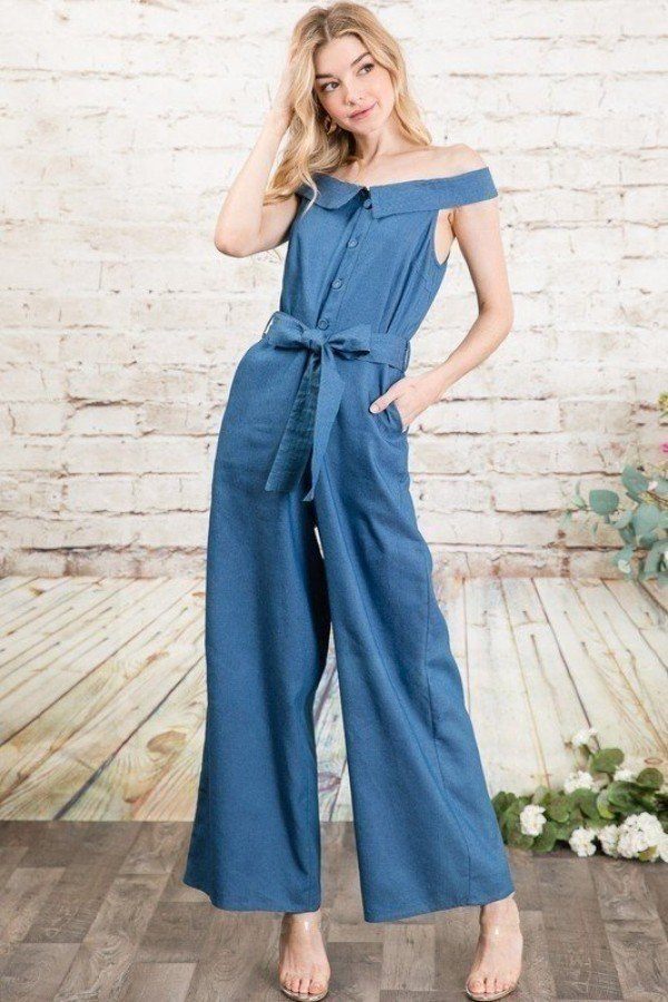 M - Fold-over Collar Detailed Button Down Off-shoulder Chambray Denim Wide Leg Palazzo Jumpsuit With Waist Tie - womens jumpsuit at TFC&H Co.