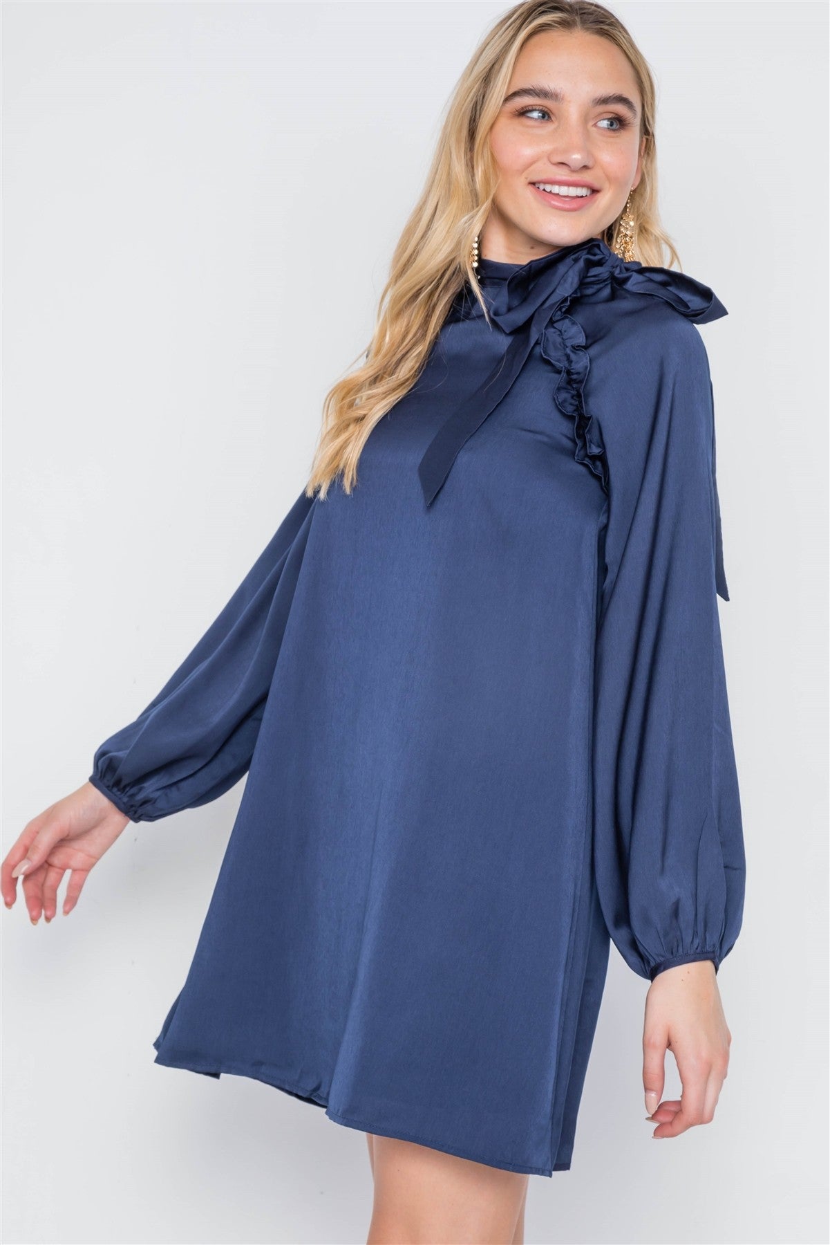 Satin Long Sleeve Side-tie Mini Dress - women's dress at TFC&H Co.