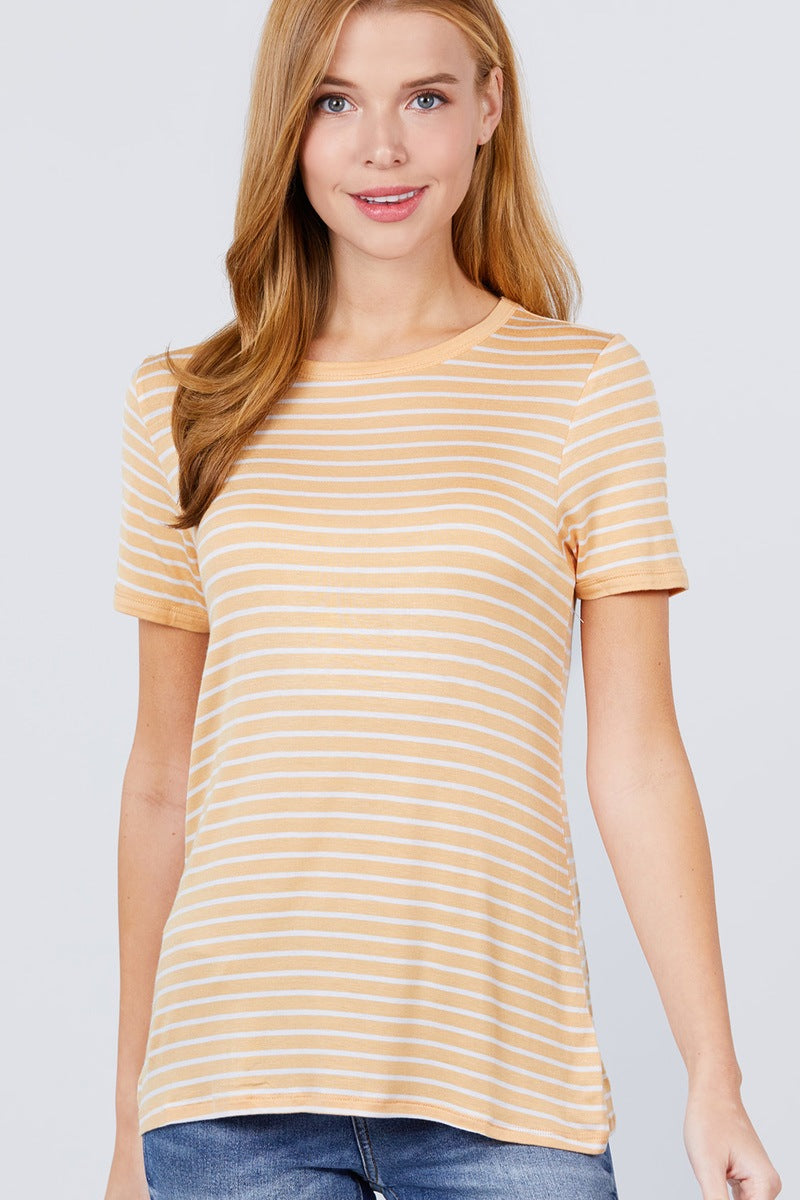 Pearl Yellow Off White - Short Sleeve Crew Neck Stripe Rayon Spandex Ringer Knit Top - 2 colors - womens tee at TFC&H Co.