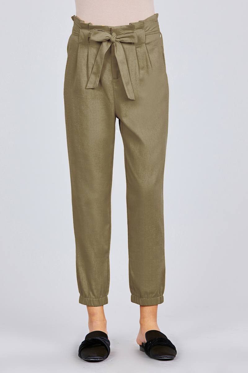 Olive - Paperbag W/bow Tie Elastic Hem Long Linen Pants - 2 colors - womens pants at TFC&H Co.