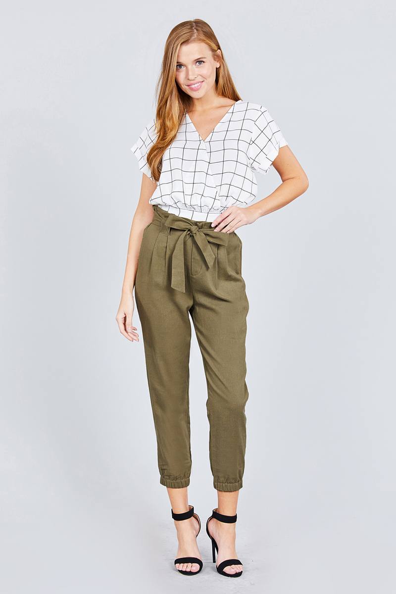 - Paperbag W/bow Tie Elastic Hem Long Linen Pants - 2 colors - womens pants at TFC&H Co.