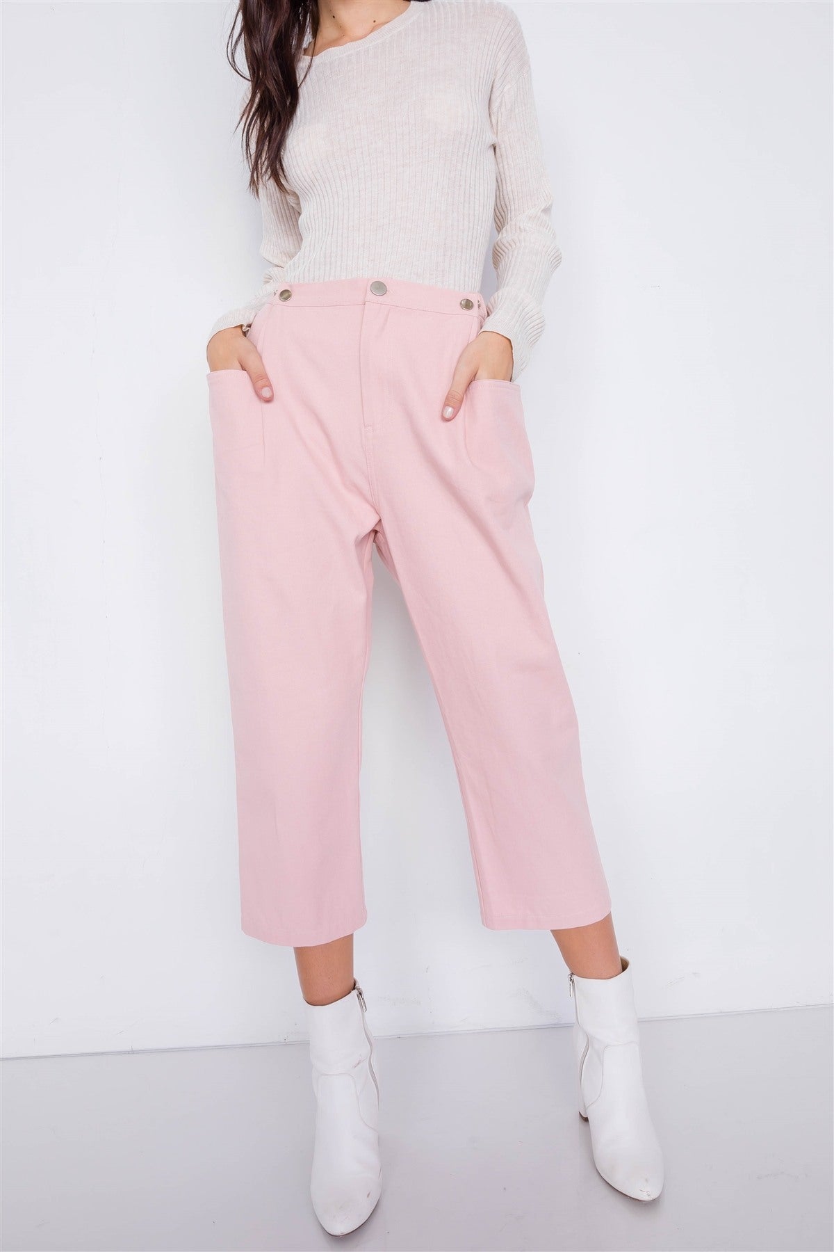Dusty Rose - Pastel Chic Solid Ankle Wide Leg Adjustable Snap Waist Pants - 2 colors - womens pants at TFC&H Co.