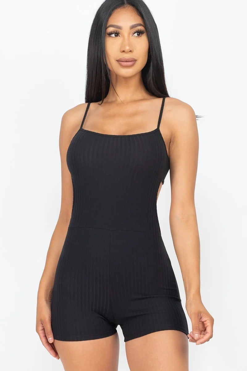 BLACK - Ribbed Sleeveless Back Cutout Bodycon Active Romper - 8 colors - Ships from The USA - womens romper at TFC&H Co.