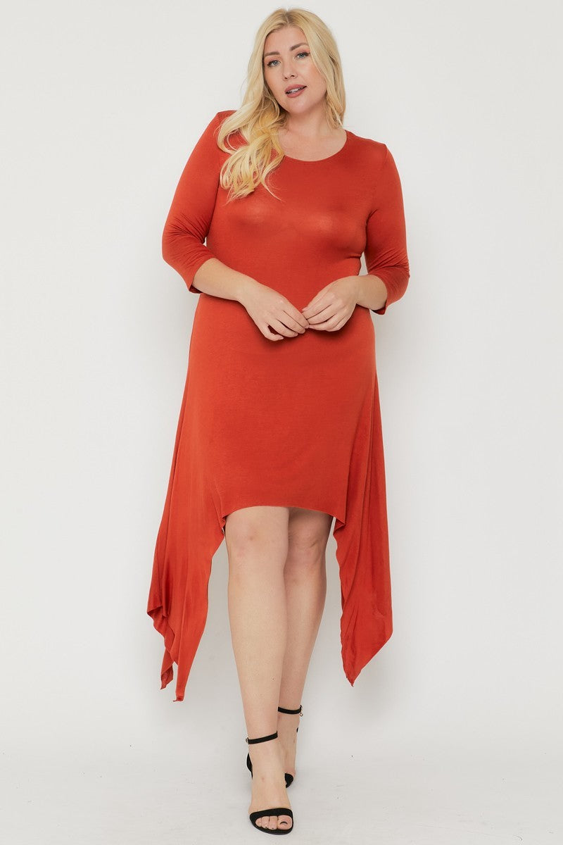 RUST - Voluptuous (+) Plus Asymmetrical Raw Edge Hem Solid Dress - 3 colors - Ships from The USA - womens dress at TFC&H Co.