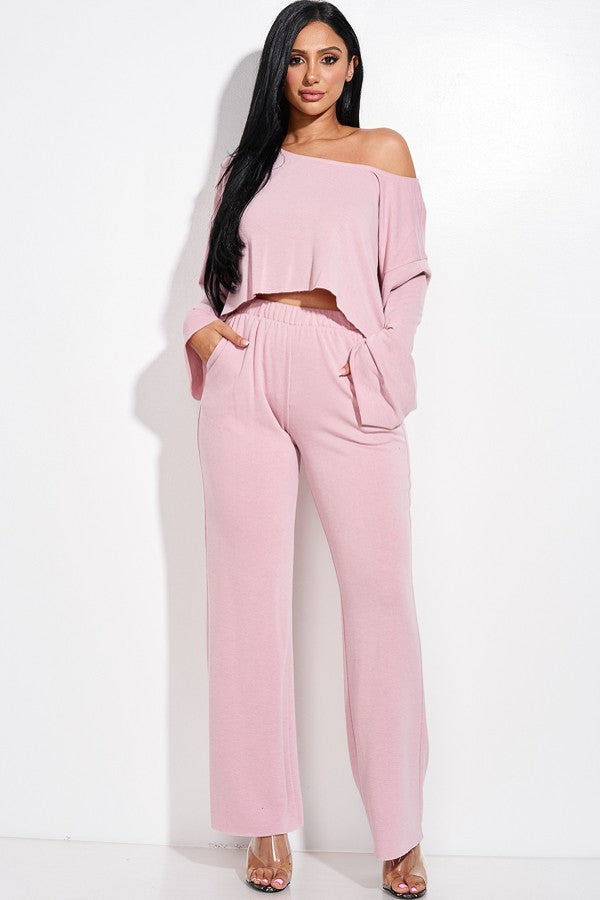 MAUVE - Solid French Terry Long Slouchy Long Sleeve Top And Pants With Pockets Two Piece Set - 4 colors - Ships from The USA - womens pants set at TFC&H Co.