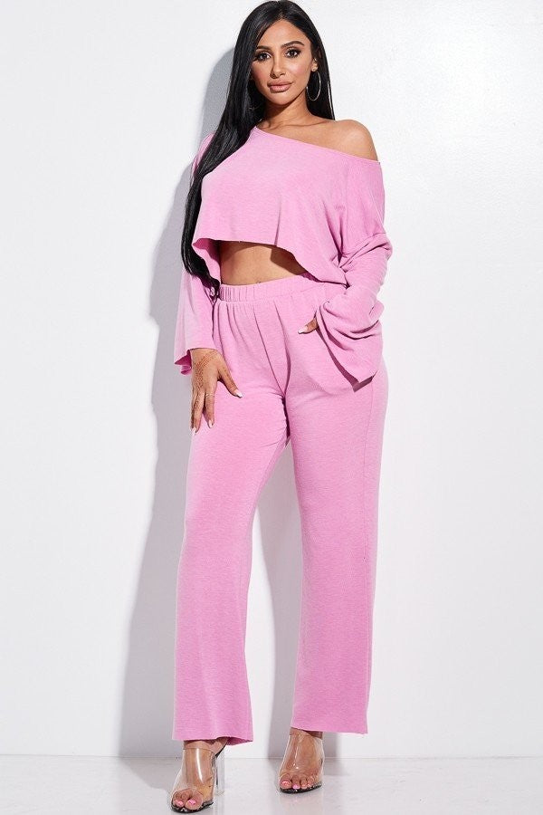 PINK - Solid French Terry Long Slouchy Long Sleeve Top And Pants With Pockets Two Piece Set - 4 colors - Ships from The USA - womens pants set at TFC&H Co.