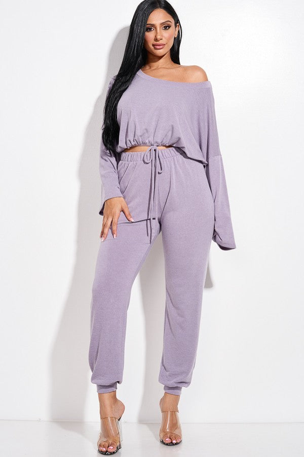 PURPLE - Solid French Terry Long Sleeve Tie Front Slouchy Top And Jogger Pants Two Piece Set - 2 colors - Ships from The USA - womens pants set at TFC&H Co.