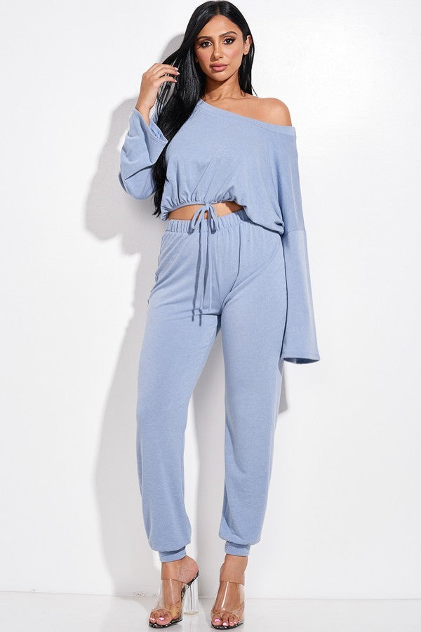 BLUE - Solid French Terry Long Sleeve Tie Front Slouchy Top And Jogger Pants Two Piece Set - 2 colors - Ships from The USA - womens pants set at TFC&H Co.