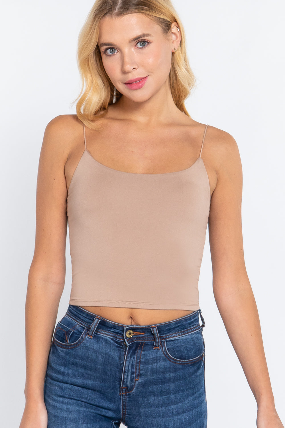 KHAKI - Elastic Strap Two Ply Dty Brushed Knit Cami Top - Ships from The USA - womens cami at TFC&H Co.