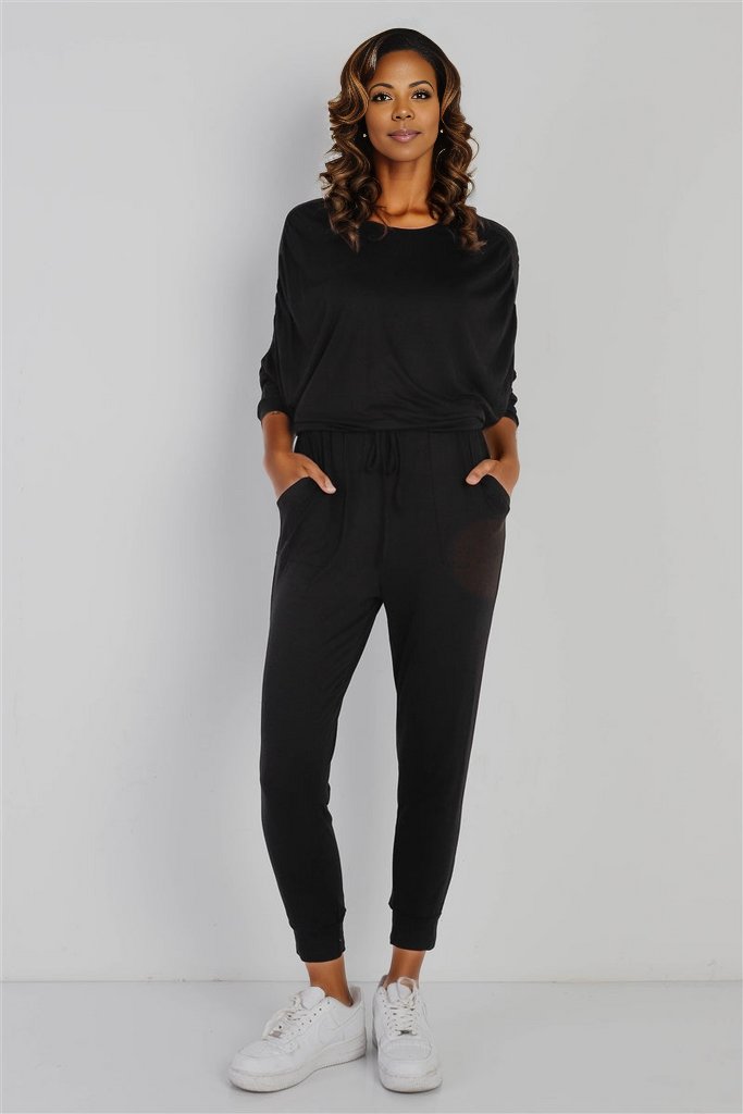 - Ruched Detail Dolman Midi Sleeve Fitted Waistline Jumpsuit - womens jumpsuit at TFC&H Co.