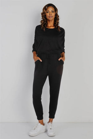 - Ruched Detail Dolman Midi Sleeve Fitted Waistline Jumpsuit - womens jumpsuit at TFC&H Co.