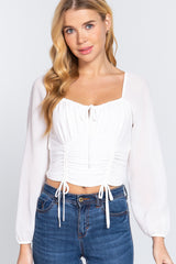 Off White - Front Tied Ruched Detail Long Sleeve Top - womens crop top at TFC&H Co.