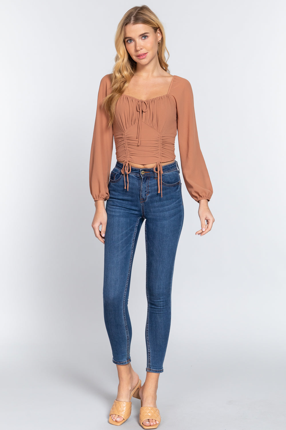 Rust - Front Tied Ruched Detail Long Sleeve Top - womens crop top at TFC&H Co.