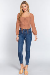 Rust - Front Tied Ruched Detail Long Sleeve Top - womens crop top at TFC&H Co.