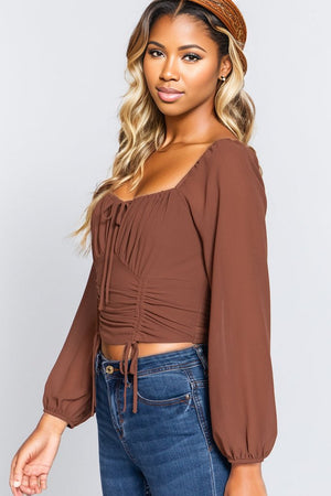Sepia - Front Tied Ruched Detail Long Sleeve Top - womens crop top at TFC&H Co.