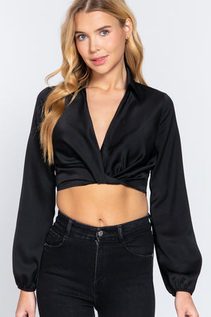 - Stylish Notched Collar Crop Top with Twisted Front - womens crop top blouse at TFC&H Co.