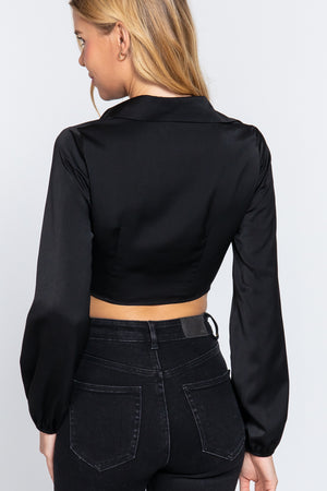 - Stylish Notched Collar Crop Top with Twisted Front - womens crop top blouse at TFC&H Co.
