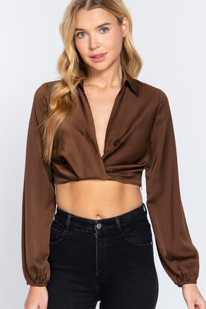 Silk Brown - Stylish Notched Collar Crop Top with Twisted Front - womens crop top blouse at TFC&H Co.