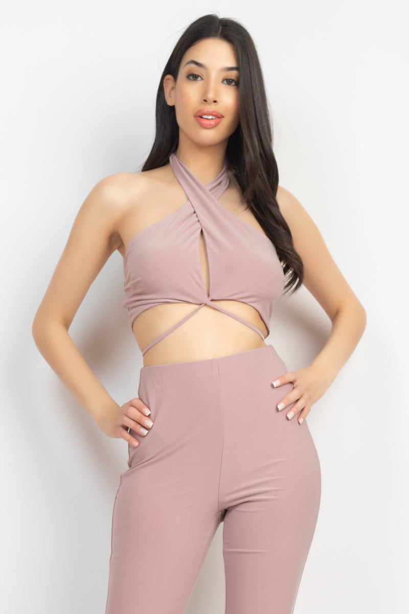 - Mauve Solid Halter Top And Elastic Leggings Set - Ships from The USA - womens pants set at TFC&H Co.