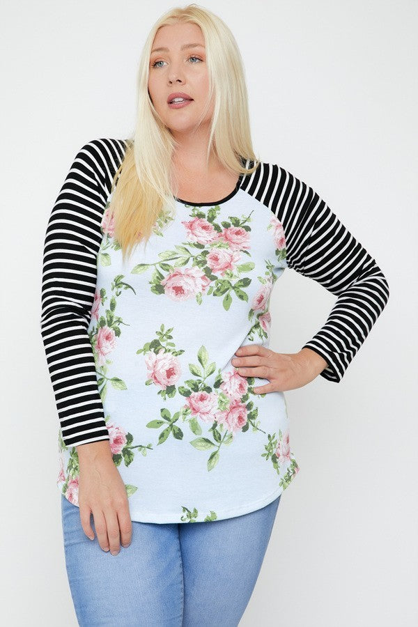 Light Blue Multi - Floral Top Featuring Raglan Style Striped Sleeves And A Round Neck - womens shirt at TFC&H Co.