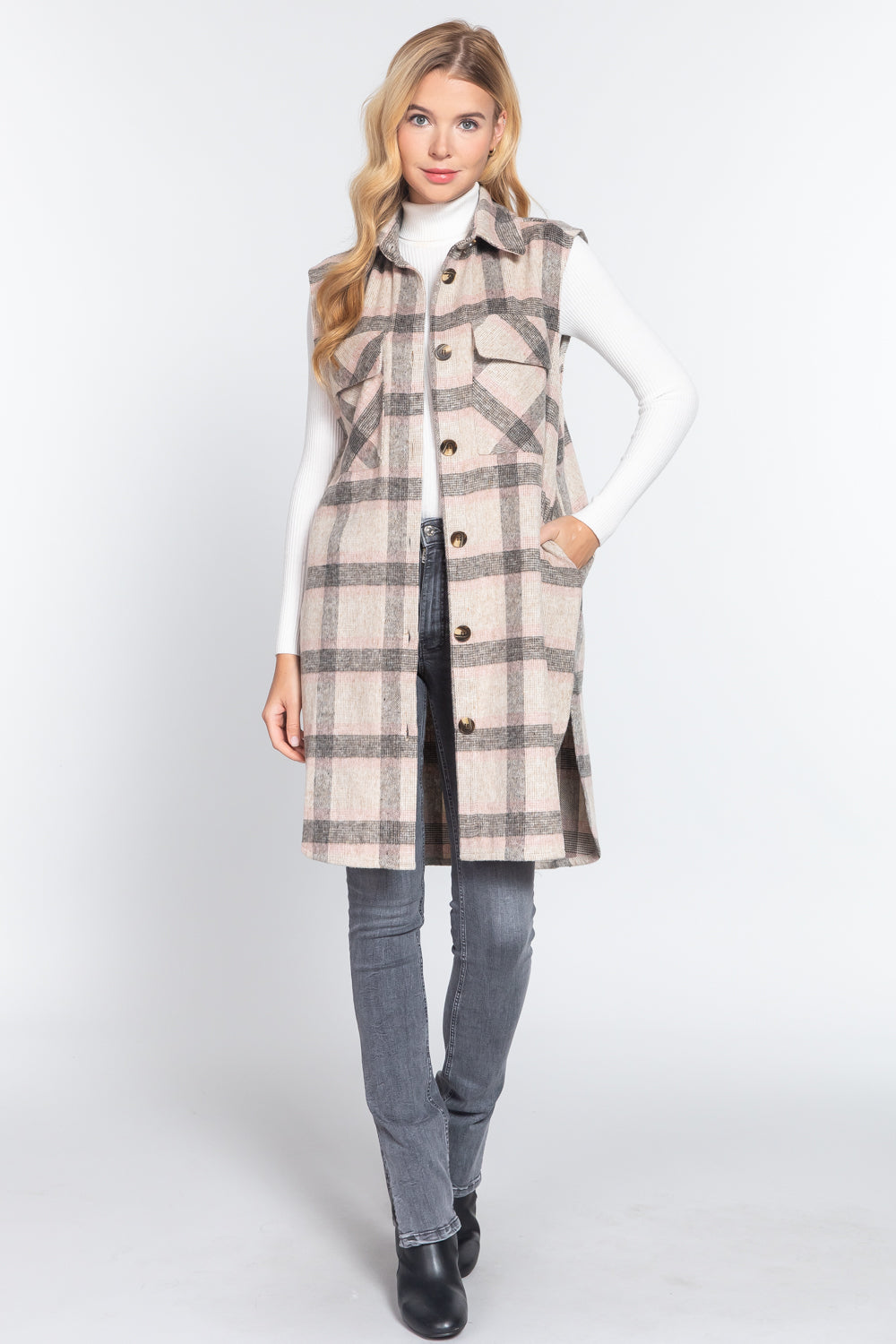 Notched Collar Brushed Plaid Vest - 2 styles - women's vest at TFC&H Co.