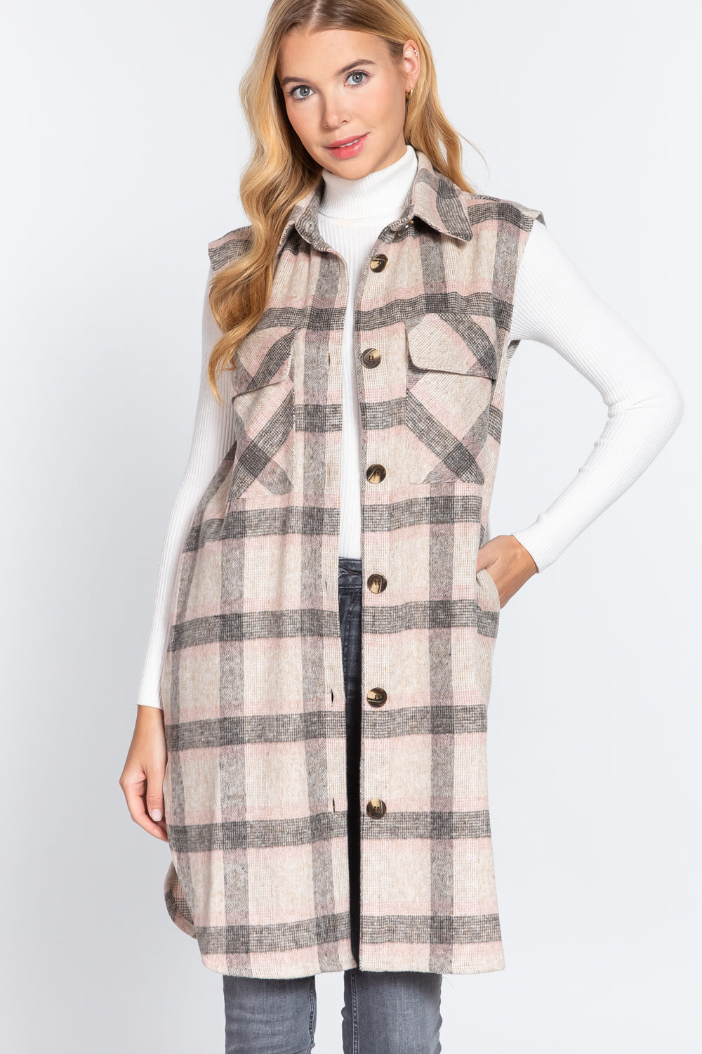 Notched Collar Brushed Plaid Vest - 2 styles - women's vest at TFC&H Co.